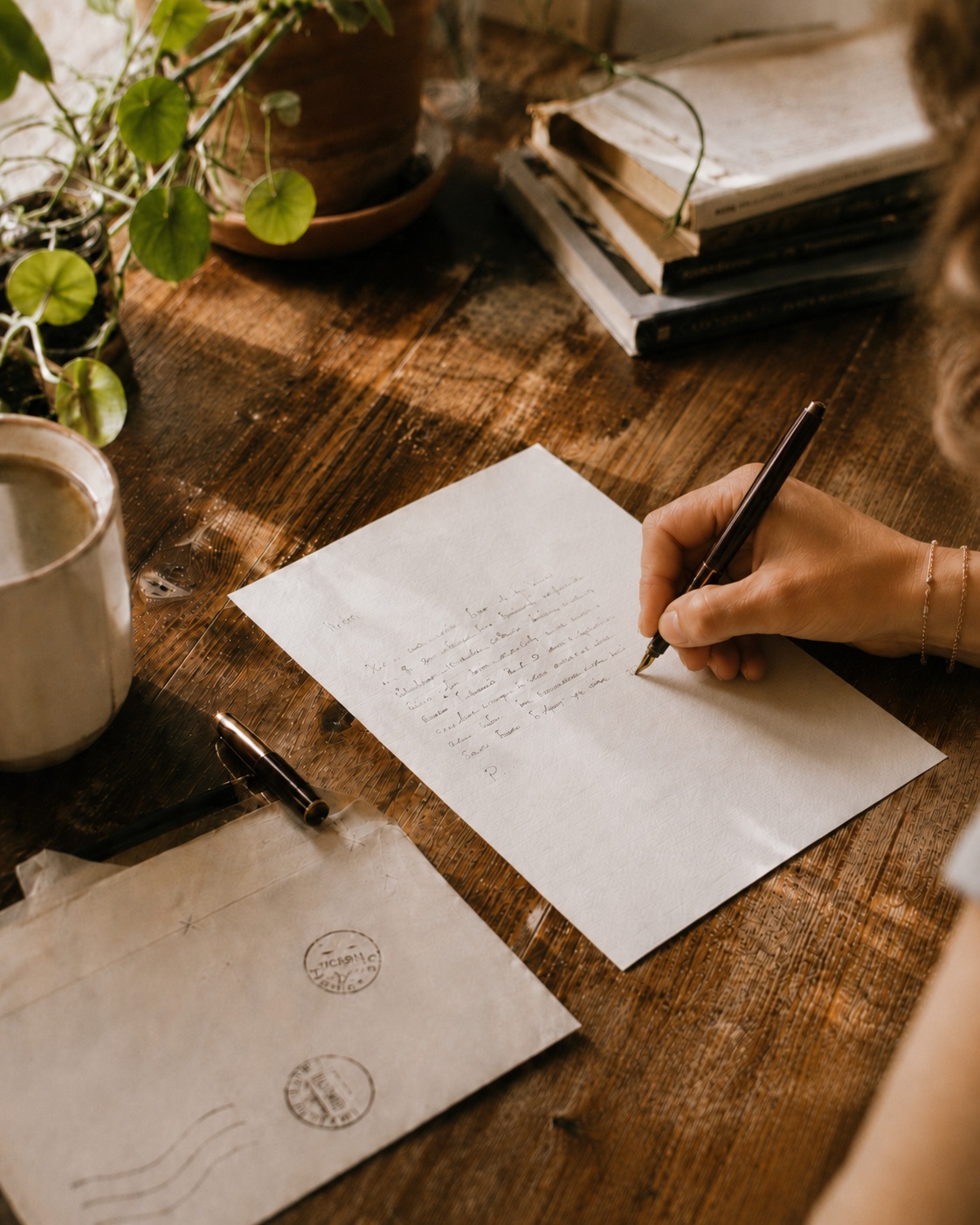Una mà escrivint una carta sobre una taula de fusta